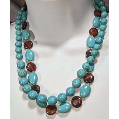 Boho Southwestern Turquoise Tiger Eye Double Strand Statement Necklace
