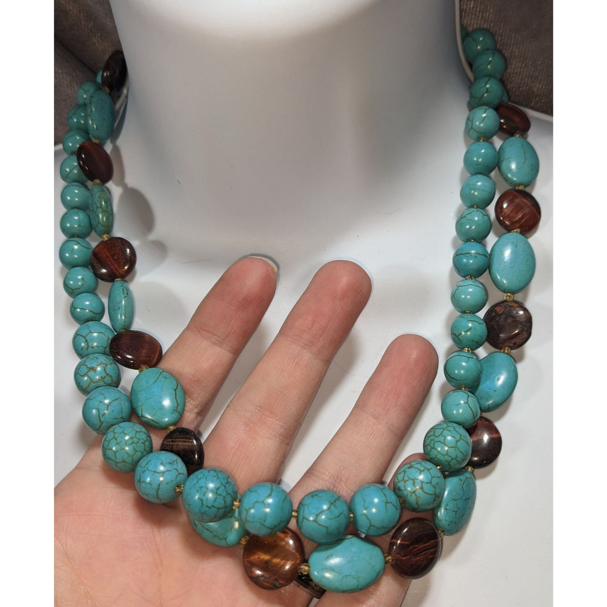 Boho Southwestern Turquoise Tiger Eye Double Strand Statement Necklace