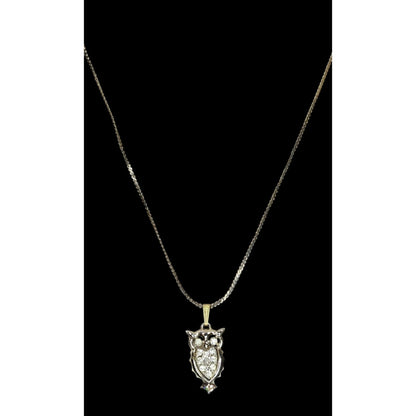 Vintage Witchy Whimsigoth Silver Tone Rhinestone Owl Necklace On Gold Tone Chain