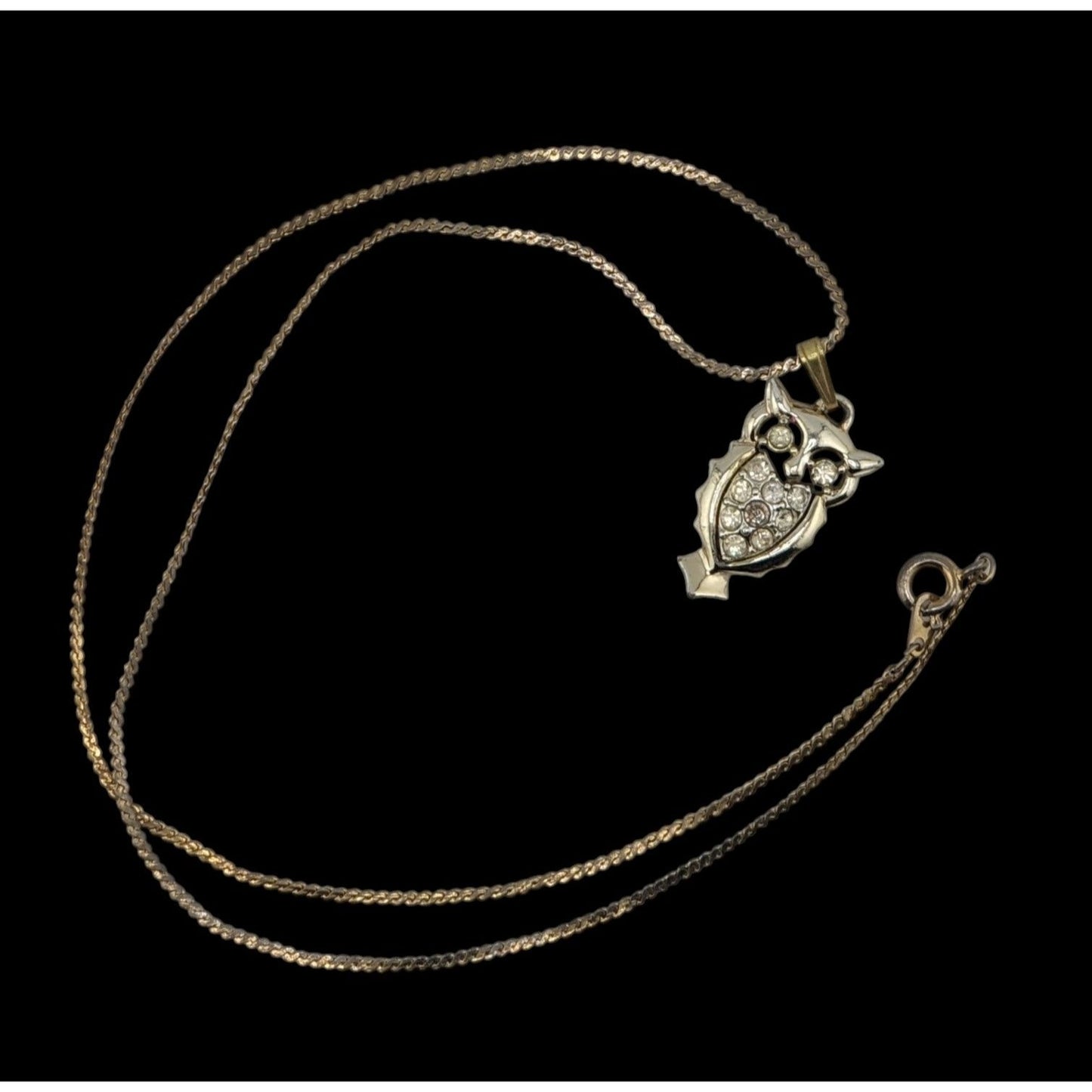 Vintage Witchy Whimsigoth Silver Tone Rhinestone Owl Necklace On Gold Tone Chain