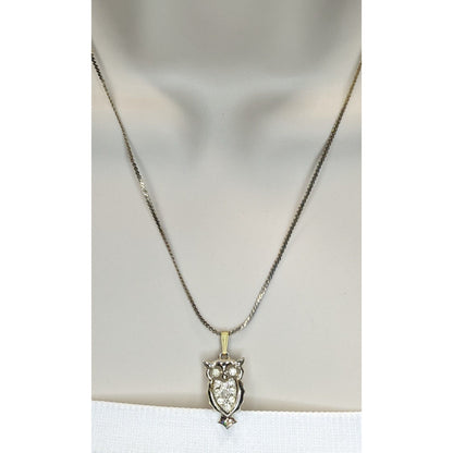 Vintage Witchy Whimsigoth Silver Tone Rhinestone Owl Necklace On Gold Tone Chain
