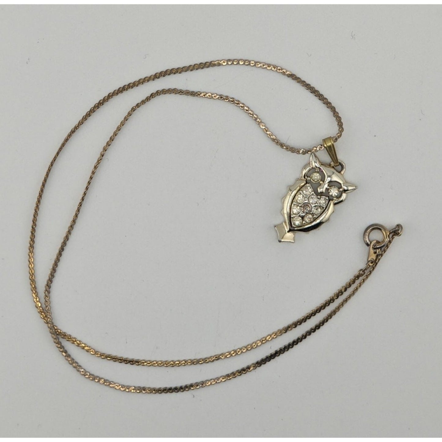 Vintage Witchy Whimsigoth Silver Tone Rhinestone Owl Necklace On Gold Tone Chain