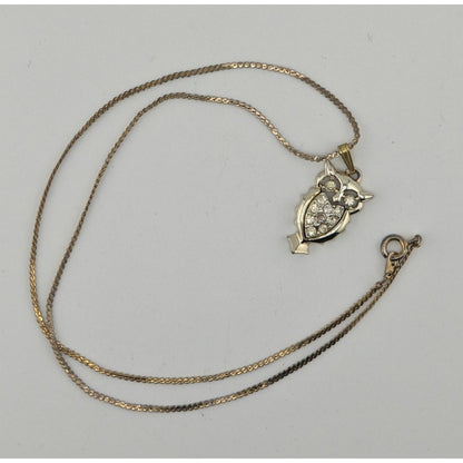 Vintage Witchy Whimsigoth Silver Tone Rhinestone Owl Necklace On Gold Tone Chain
