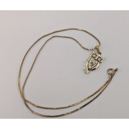 Vintage Witchy Whimsigoth Silver Tone Rhinestone Owl Necklace On Gold Tone Chain
