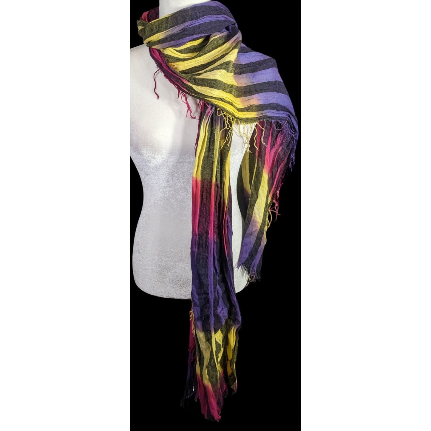 Vaude Goth  Rainbow Striped Tie-Dye Crinkled Scarf 80"x34" With Fringe Edges