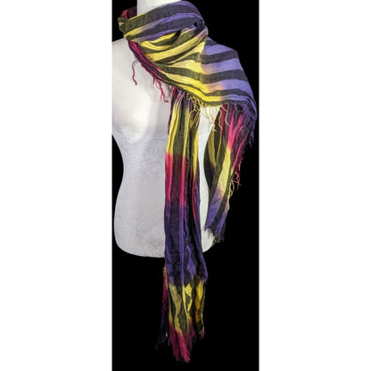 Vaude Goth  Rainbow Striped Tie-Dye Crinkled Scarf 80"x34" With Fringe Edges