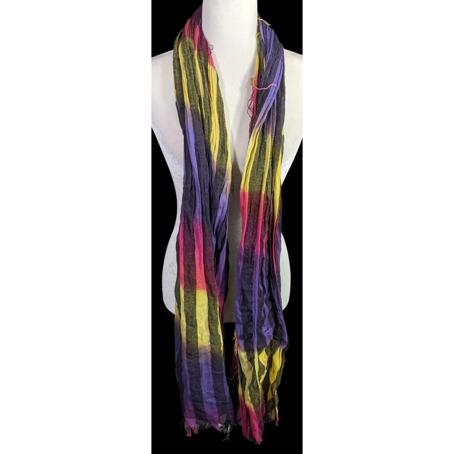Vaude Goth  Rainbow Striped Tie-Dye Crinkled Scarf 80"x34" With Fringe Edges