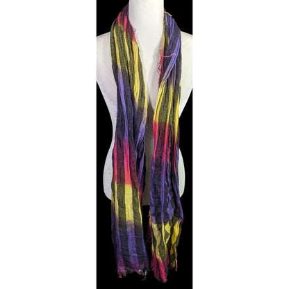 Vaude Goth  Rainbow Striped Tie-Dye Crinkled Scarf 80"x34" With Fringe Edges