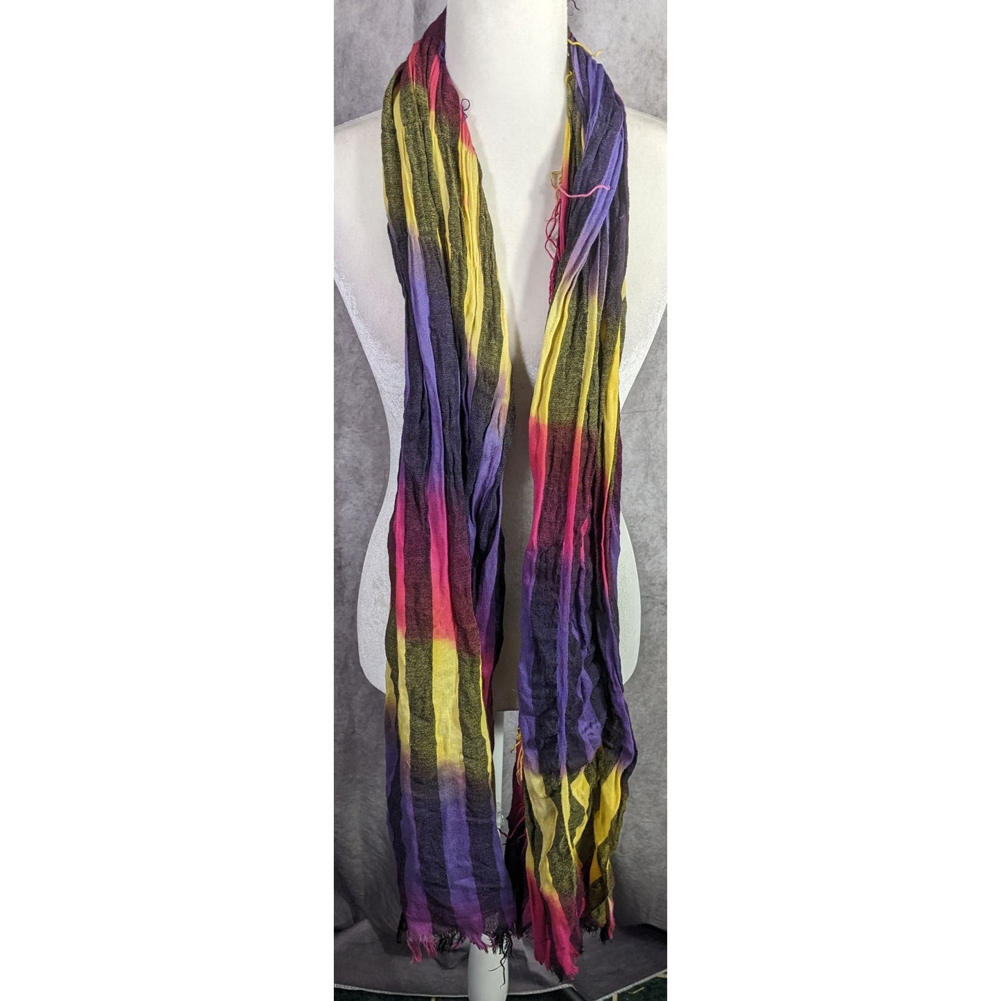 Vaude Goth  Rainbow Striped Tie-Dye Crinkled Scarf 80"x34" With Fringe Edges