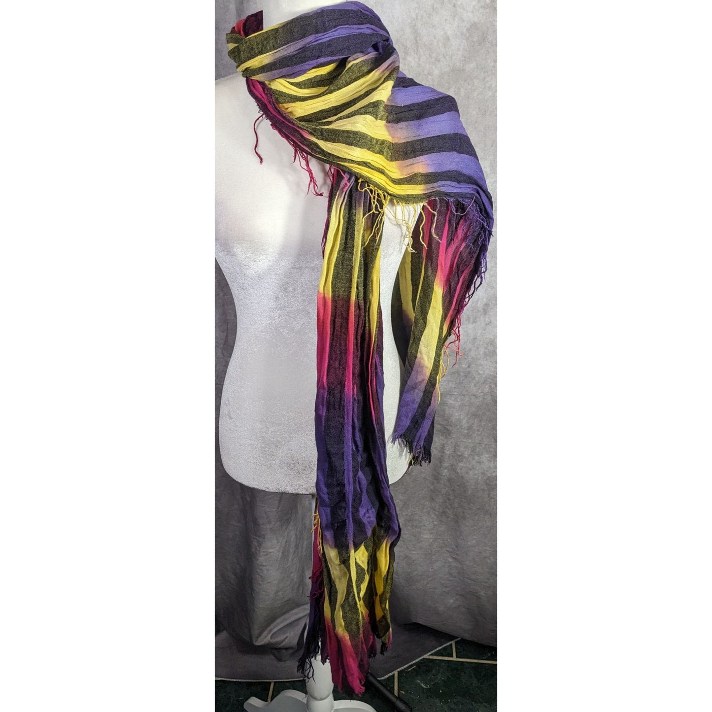 Vaude Goth  Rainbow Striped Tie-Dye Crinkled Scarf 80"x34" With Fringe Edges