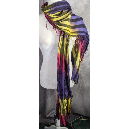 Vaude Goth  Rainbow Striped Tie-Dye Crinkled Scarf 80"x34" With Fringe Edges