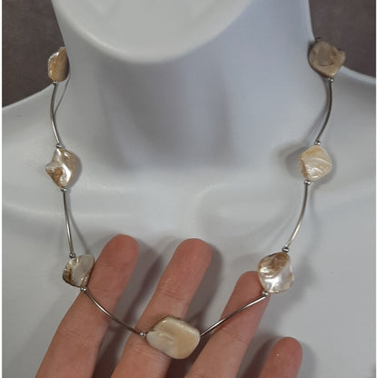 Mermaidcore Natural Iridescent Shell Bead Necklace With Silver-Tone Links