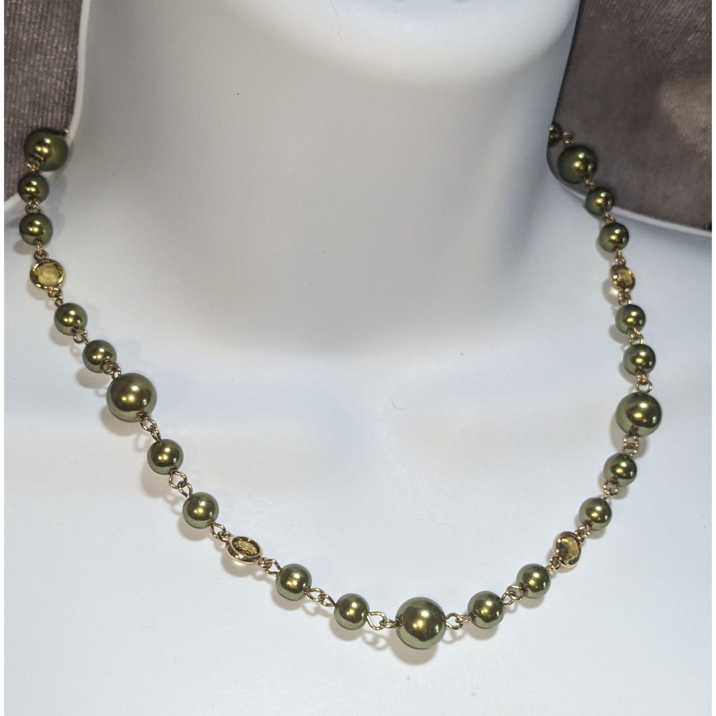 Vintage Avon Olive Green Pearl Necklace Gold Tone Beaded Station Necklace Classic
