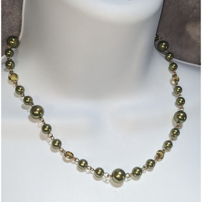 Vintage Avon Olive Green Pearl Necklace Gold Tone Beaded Station Necklace Classic