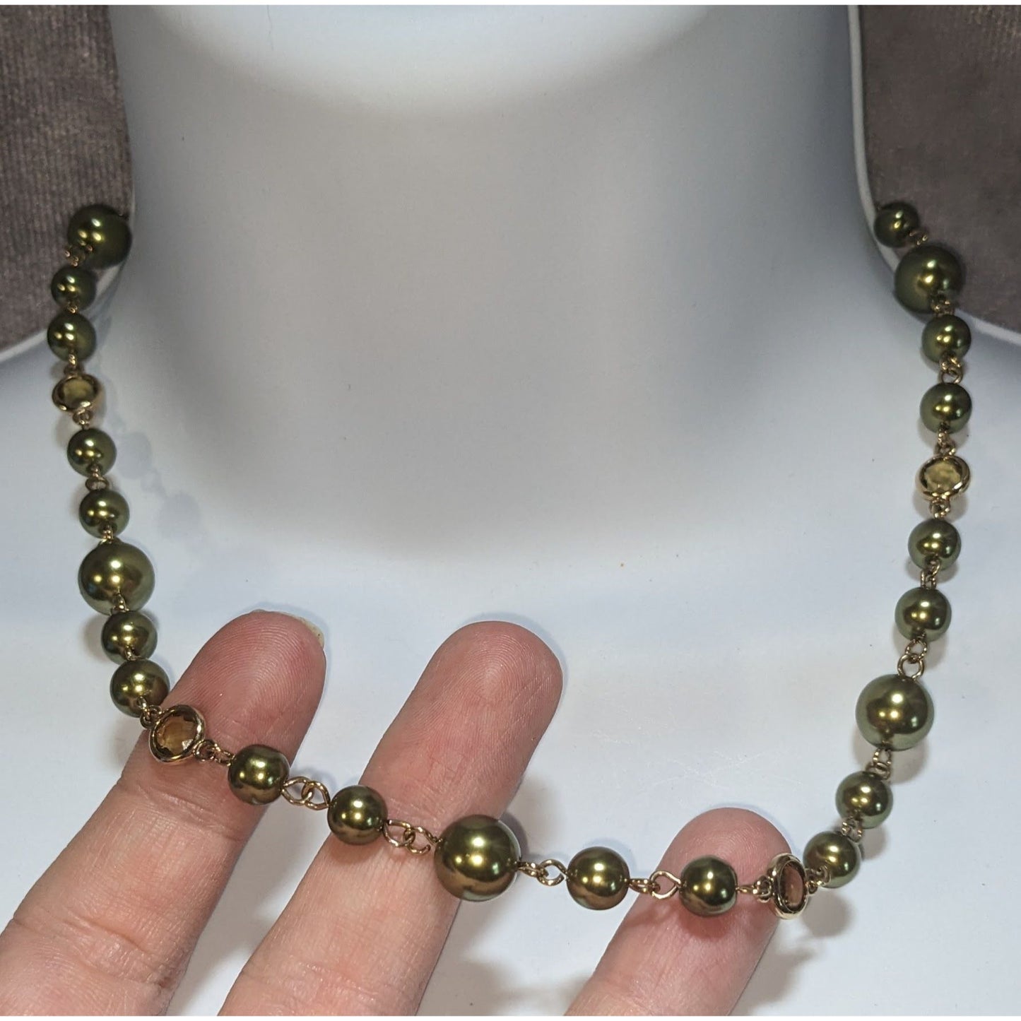 Vintage Avon Olive Green Pearl Necklace Gold Tone Beaded Station Necklace Classic