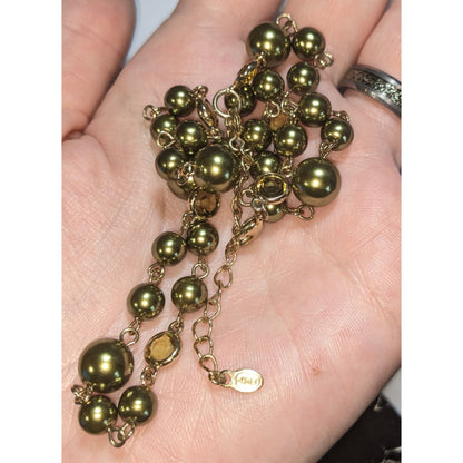 Vintage Avon Olive Green Pearl Necklace Gold Tone Beaded Station Necklace Classic