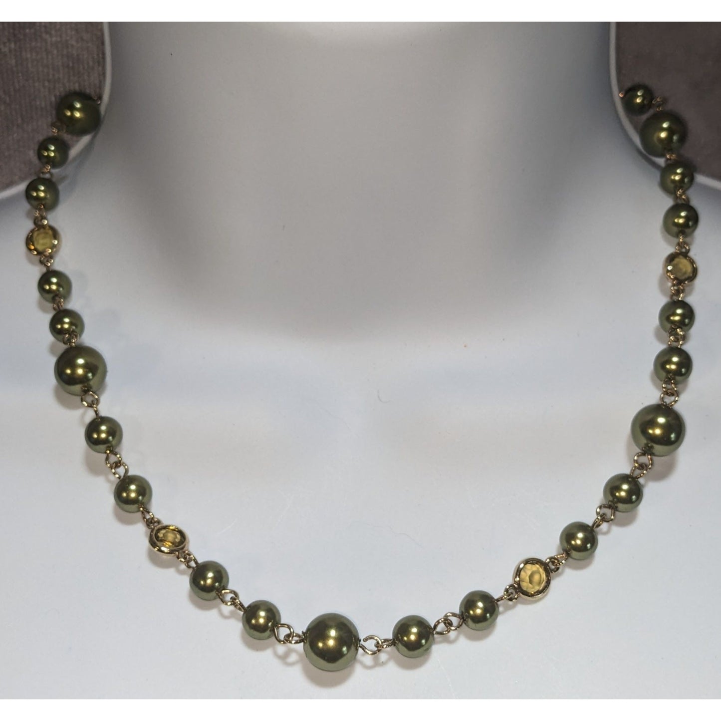 Vintage Avon Olive Green Pearl Necklace Gold Tone Beaded Station Necklace Classic
