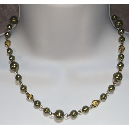Vintage Avon Olive Green Pearl Necklace Gold Tone Beaded Station Necklace Classic