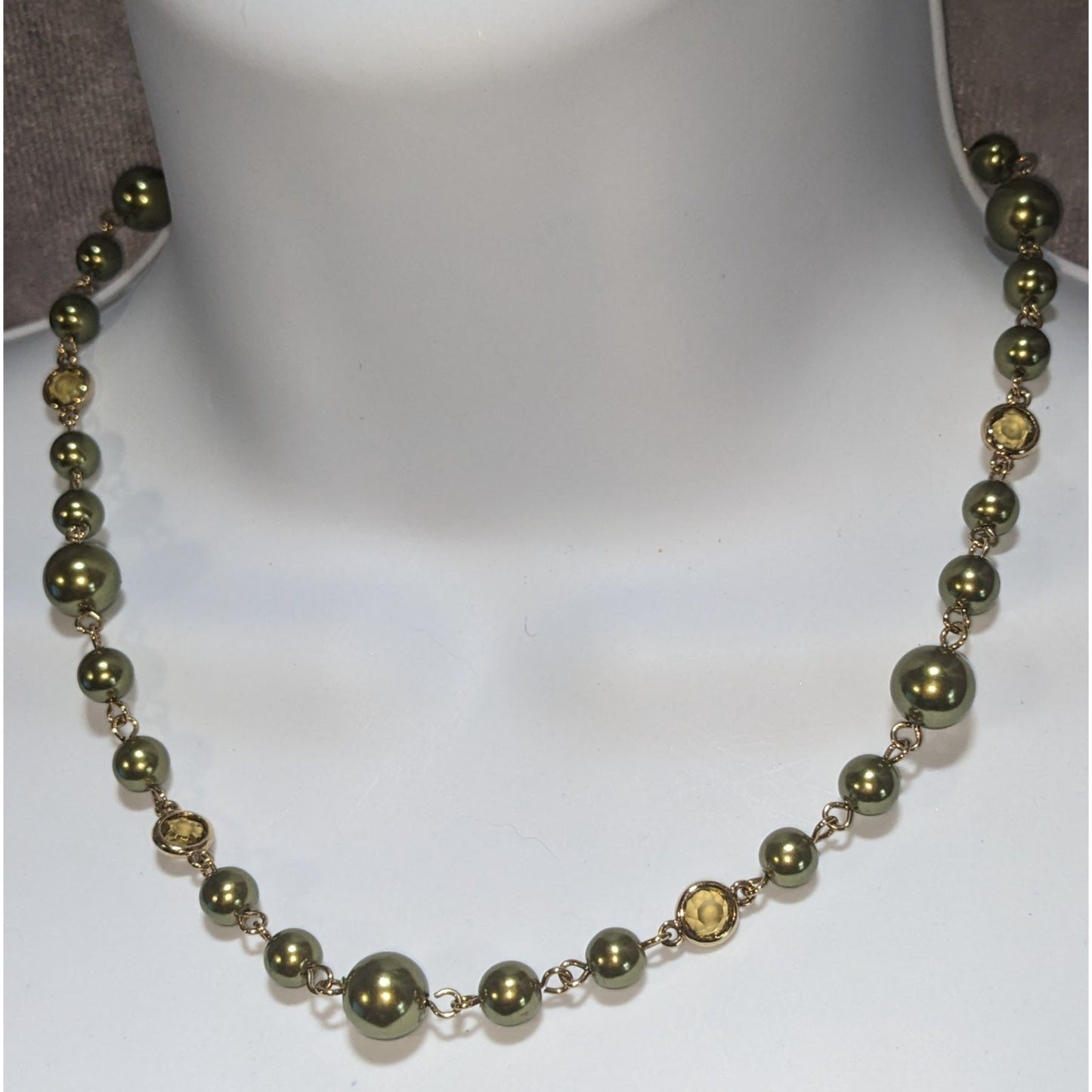 Vintage Avon Olive Green Pearl Necklace Gold Tone Beaded Station Necklace Classic