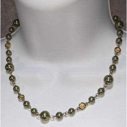 Vintage Avon Olive Green Pearl Necklace Gold Tone Beaded Station Necklace Classic
