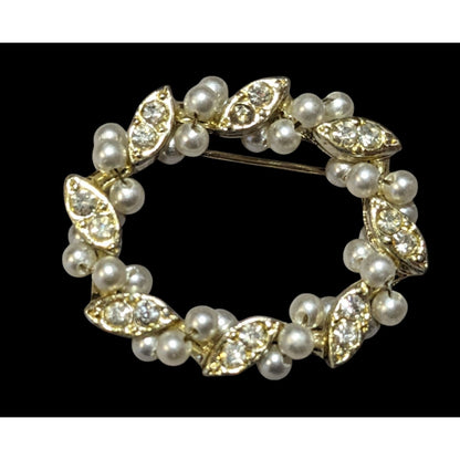 Vintage Gold Tone Rhinestone Faux Pearl Wreath Brooch