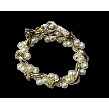 Vintage Gold Tone Rhinestone Faux Pearl Wreath Brooch