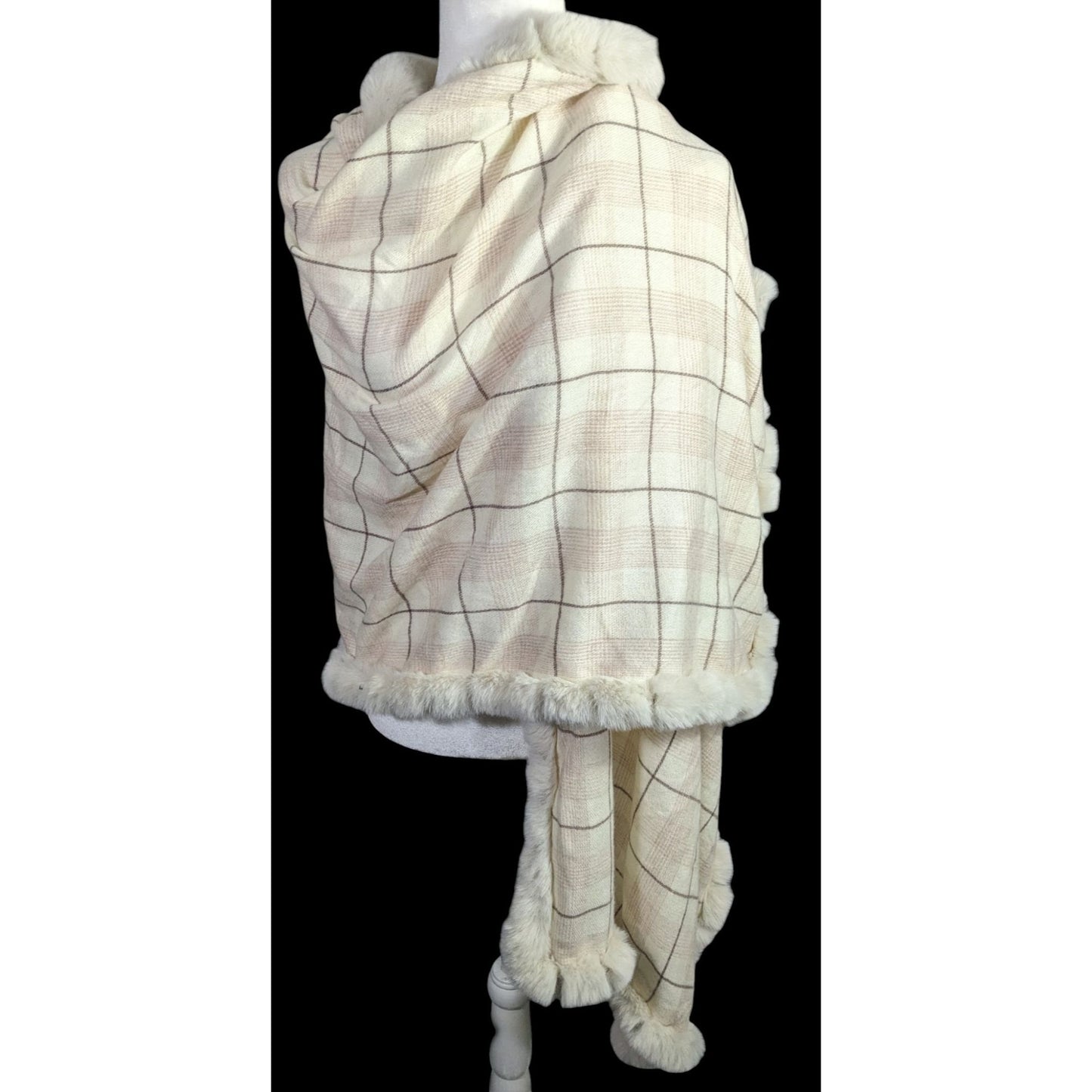 Belle Fare Premium Faux Fur Trimmed Wool-Blend Shawl Wrap Plaid Pattern