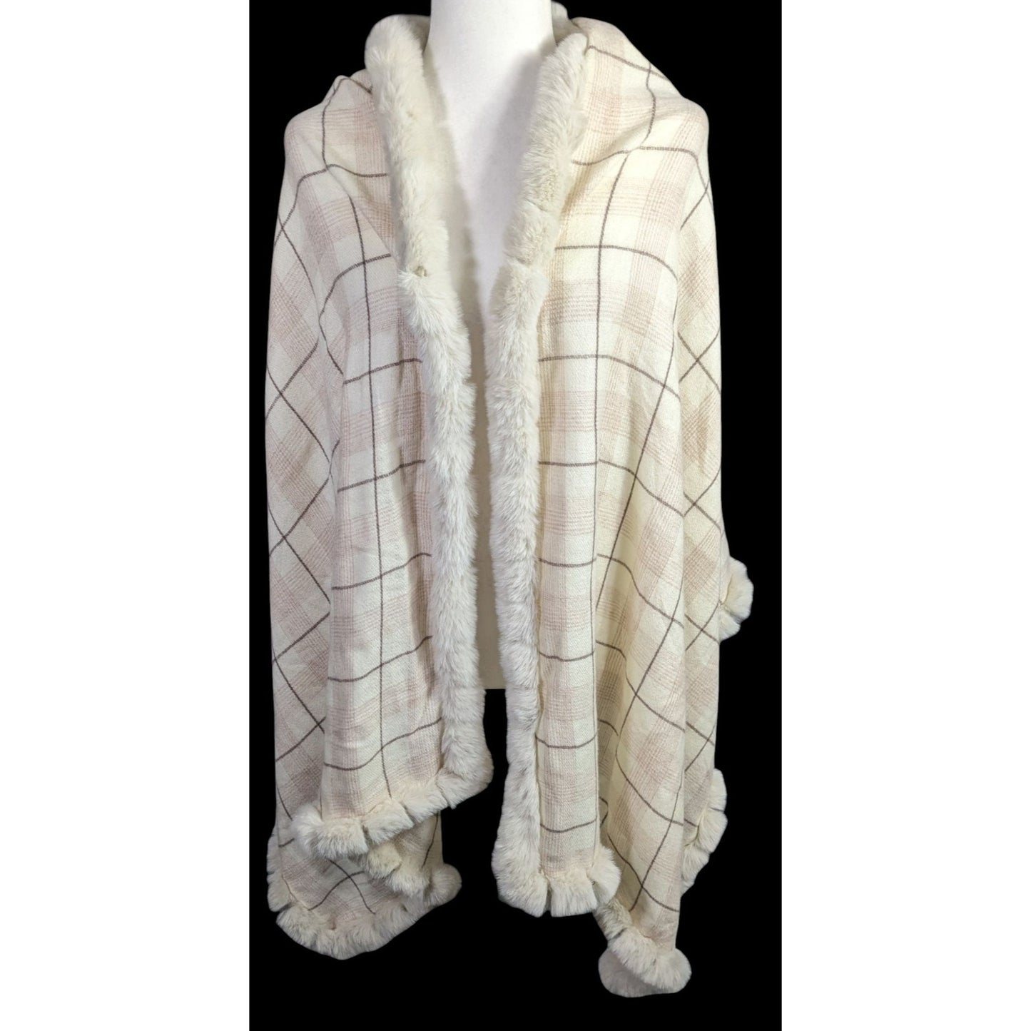 Belle Fare Premium Faux Fur Trimmed Wool-Blend Shawl Wrap Plaid Pattern