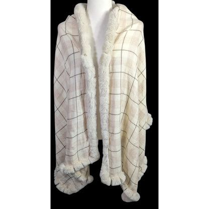 Belle Fare Premium Faux Fur Trimmed Wool-Blend Shawl Wrap Plaid Pattern