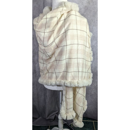Belle Fare Premium Faux Fur Trimmed Wool-Blend Shawl Wrap Plaid Pattern
