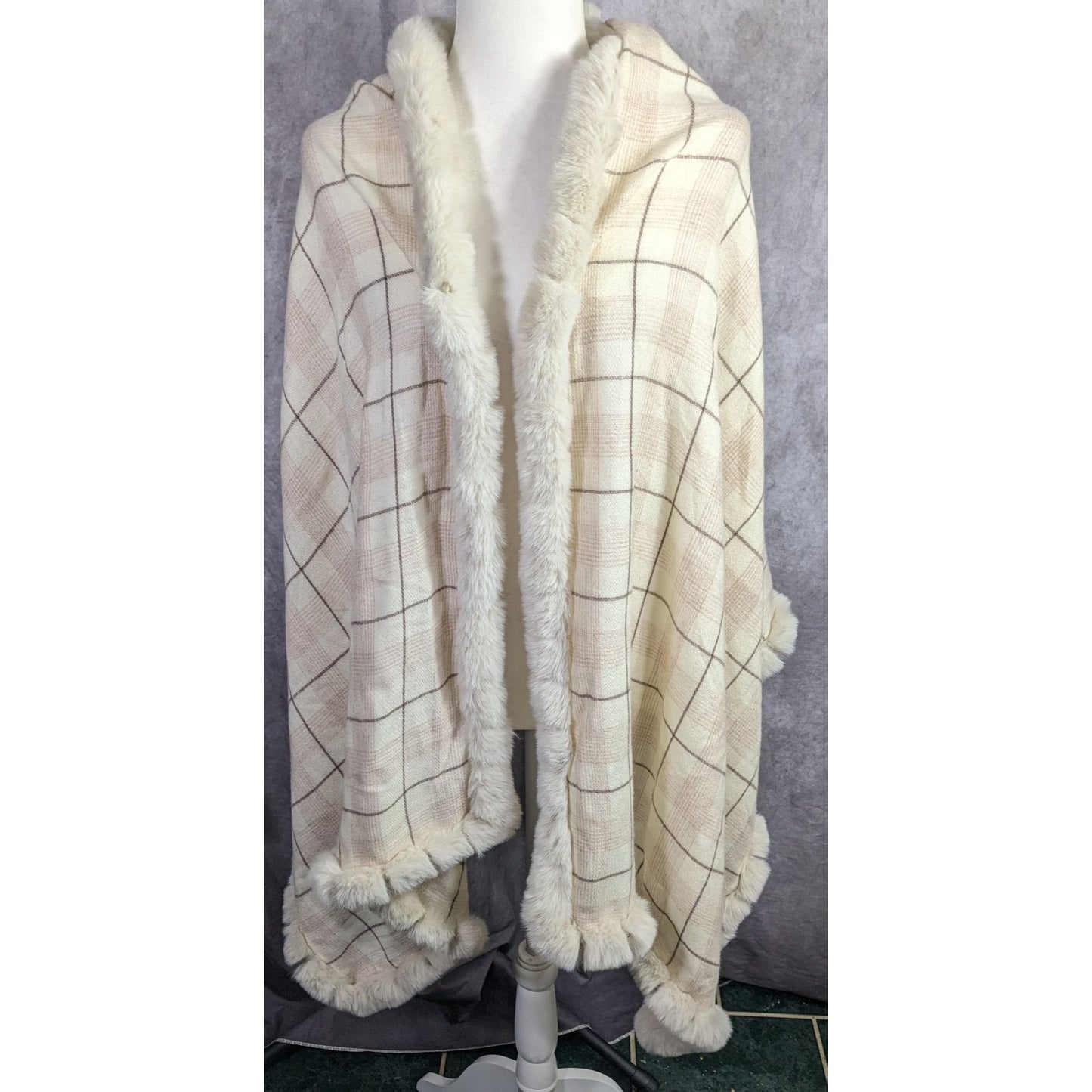 Belle Fare Premium Faux Fur Trimmed Wool-Blend Shawl Wrap Plaid Pattern