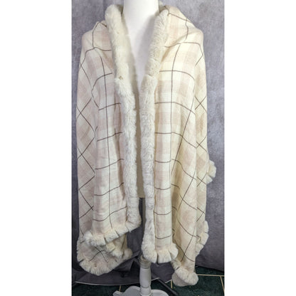 Belle Fare Premium Faux Fur Trimmed Wool-Blend Shawl Wrap Plaid Pattern
