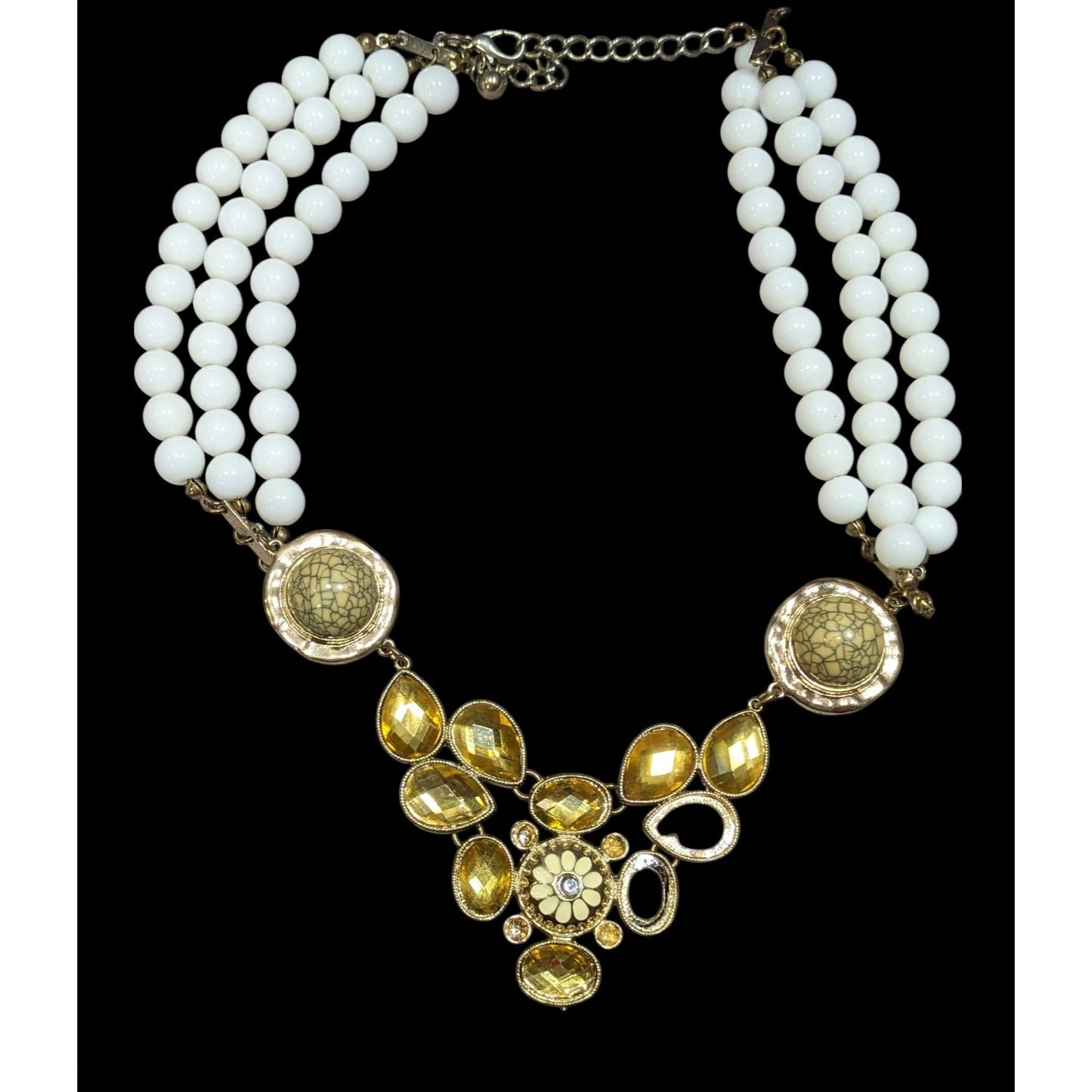 Vintage Floral Yellow And White Beaded Statement Necklace