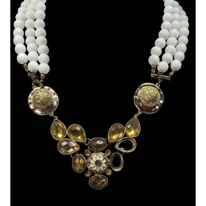 Vintage Floral Yellow And White Beaded Statement Necklace