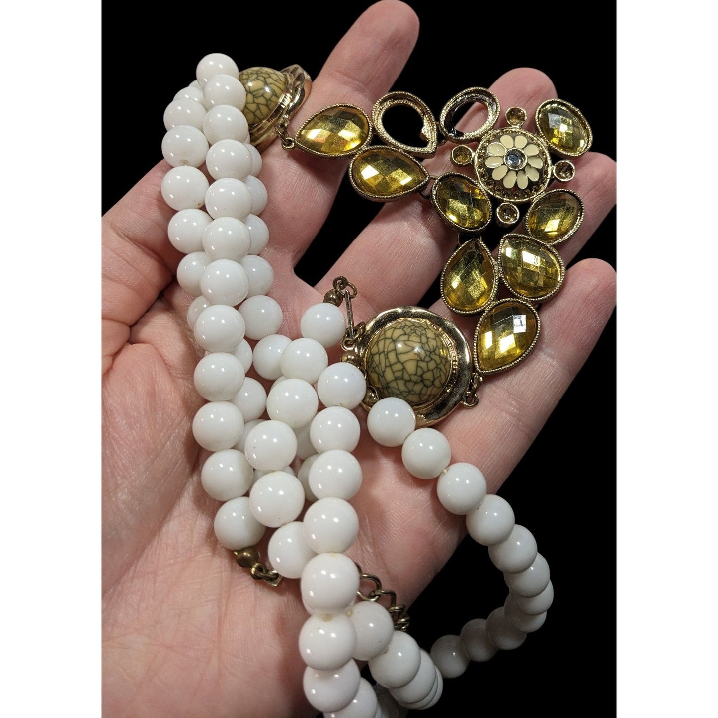 Vintage Floral Yellow And White Beaded Statement Necklace