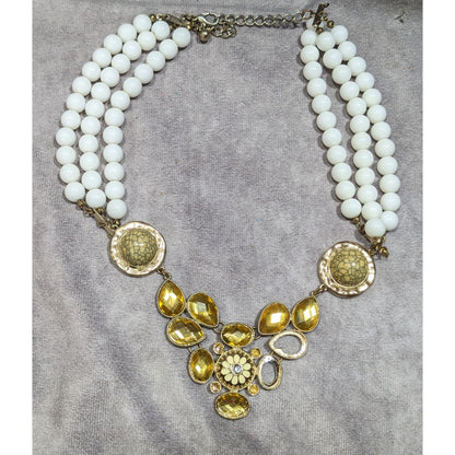 Vintage Floral Yellow And White Beaded Statement Necklace