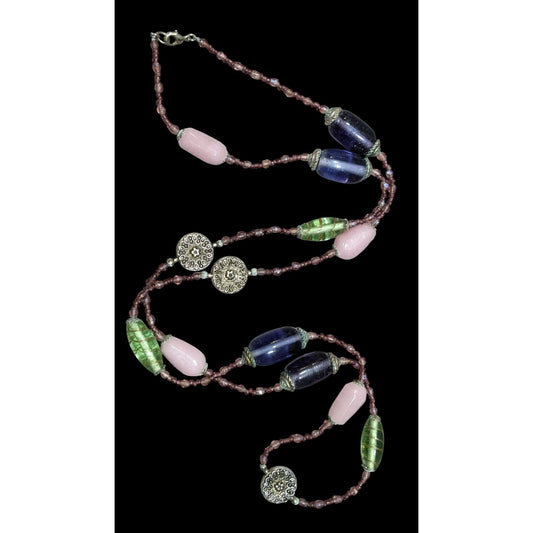 Handmade Vintage Green And Purple Glass Station Necklace