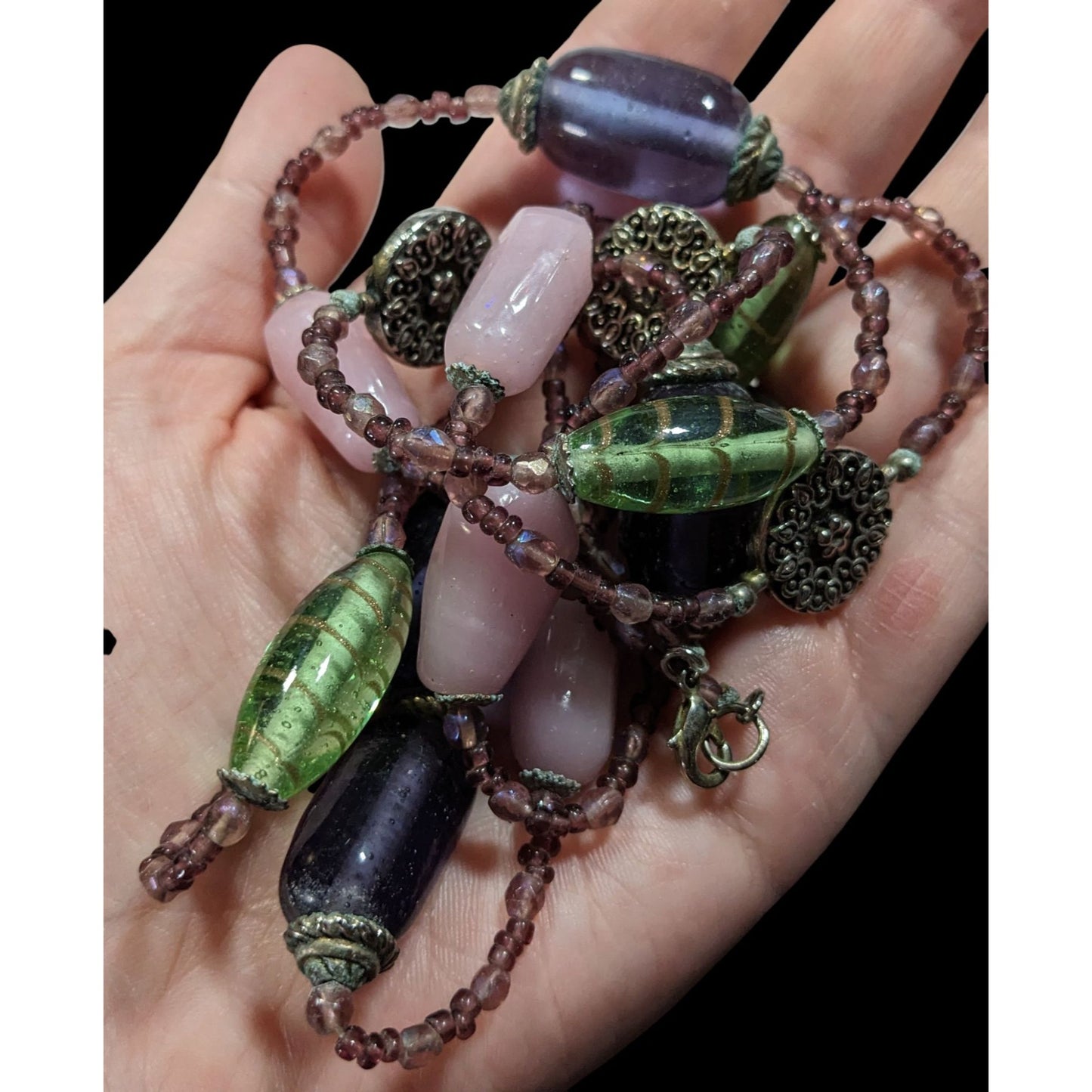 Handmade Vintage Green And Purple Glass Station Necklace