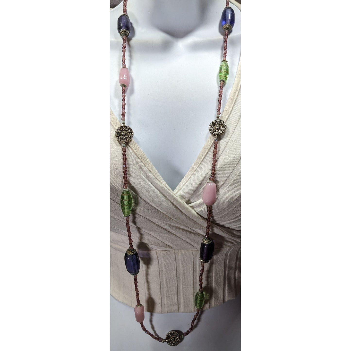 Handmade Vintage Green And Purple Glass Station Necklace