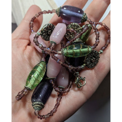 Handmade Vintage Green And Purple Glass Station Necklace