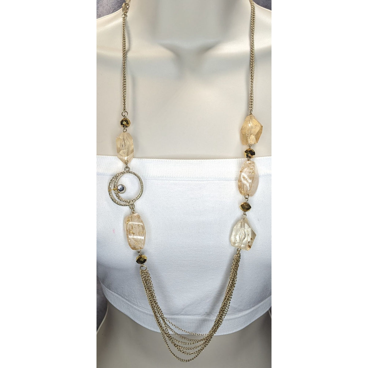 Boho Glam Gold Tone Crystal Chunky Bead Layered Chain Long Statement Necklace