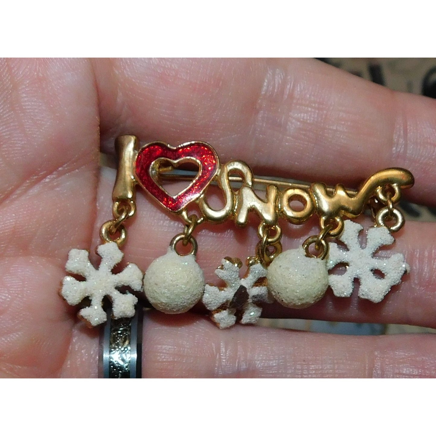 Vintage I Love Snow Holiday Brooch With Snowflake Charms