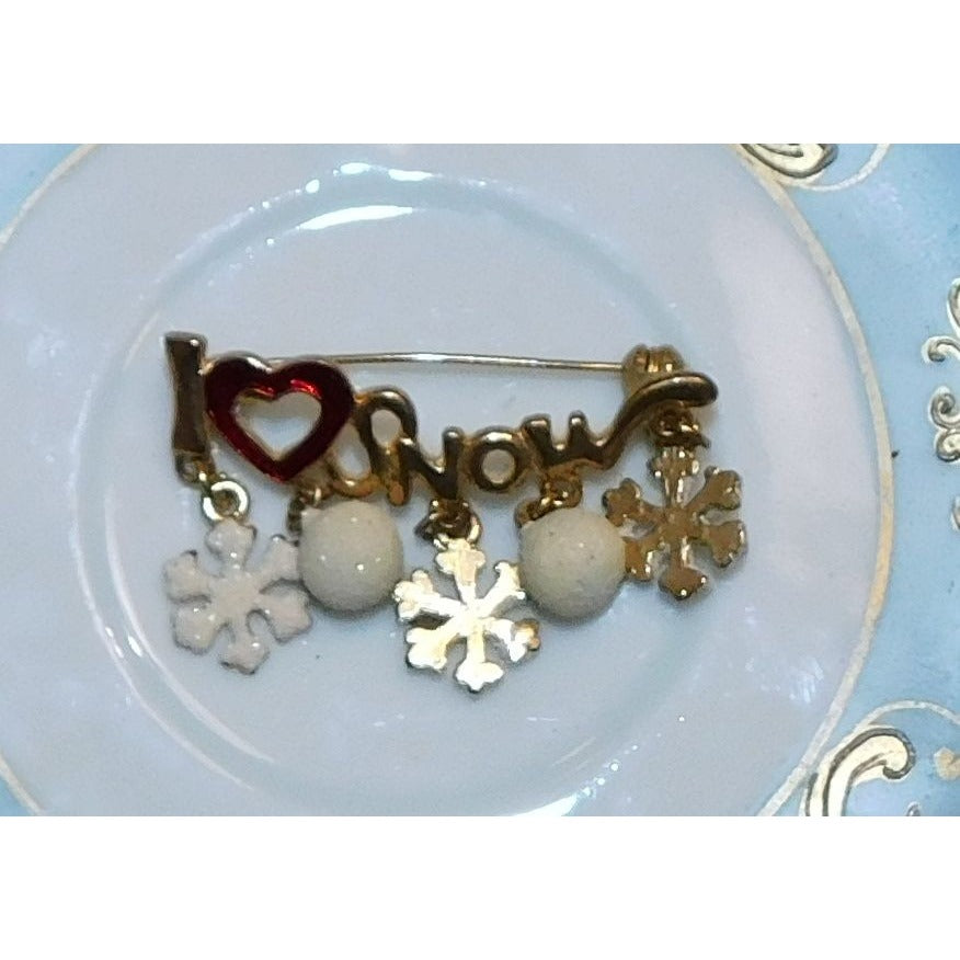 Vintage I Love Snow Holiday Brooch With Snowflake Charms