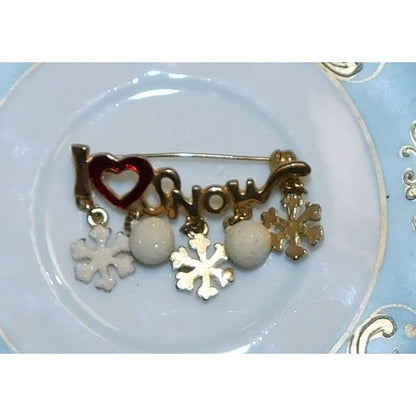 Vintage I Love Snow Holiday Brooch With Snowflake Charms