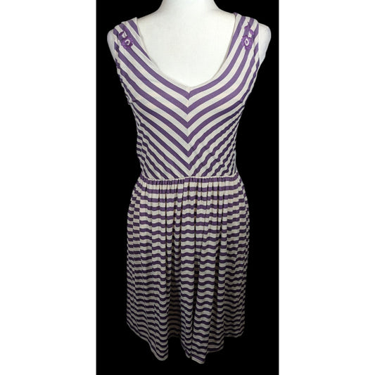 Knitted Dove Cottagecore Purple And White striped Dress With Floral Embroidered Accents