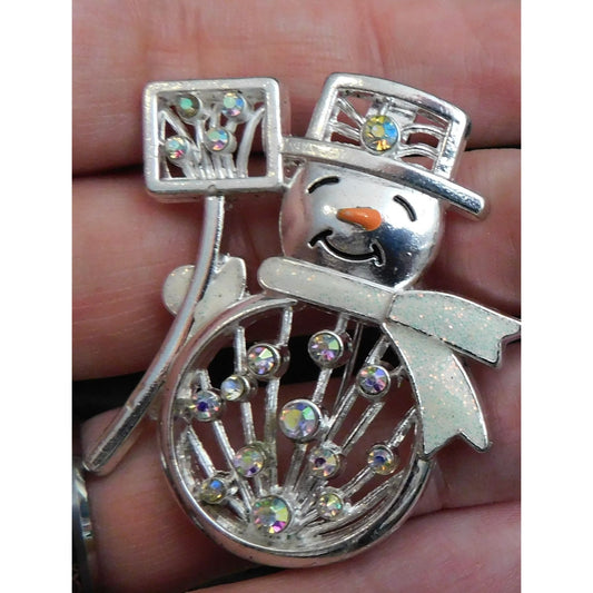 Vintage Snowman Brooch With Aurora Borealis Rhinestones