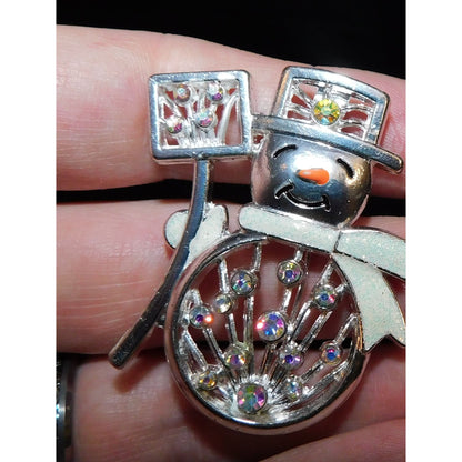 Vintage Snowman Brooch With Aurora Borealis Rhinestones