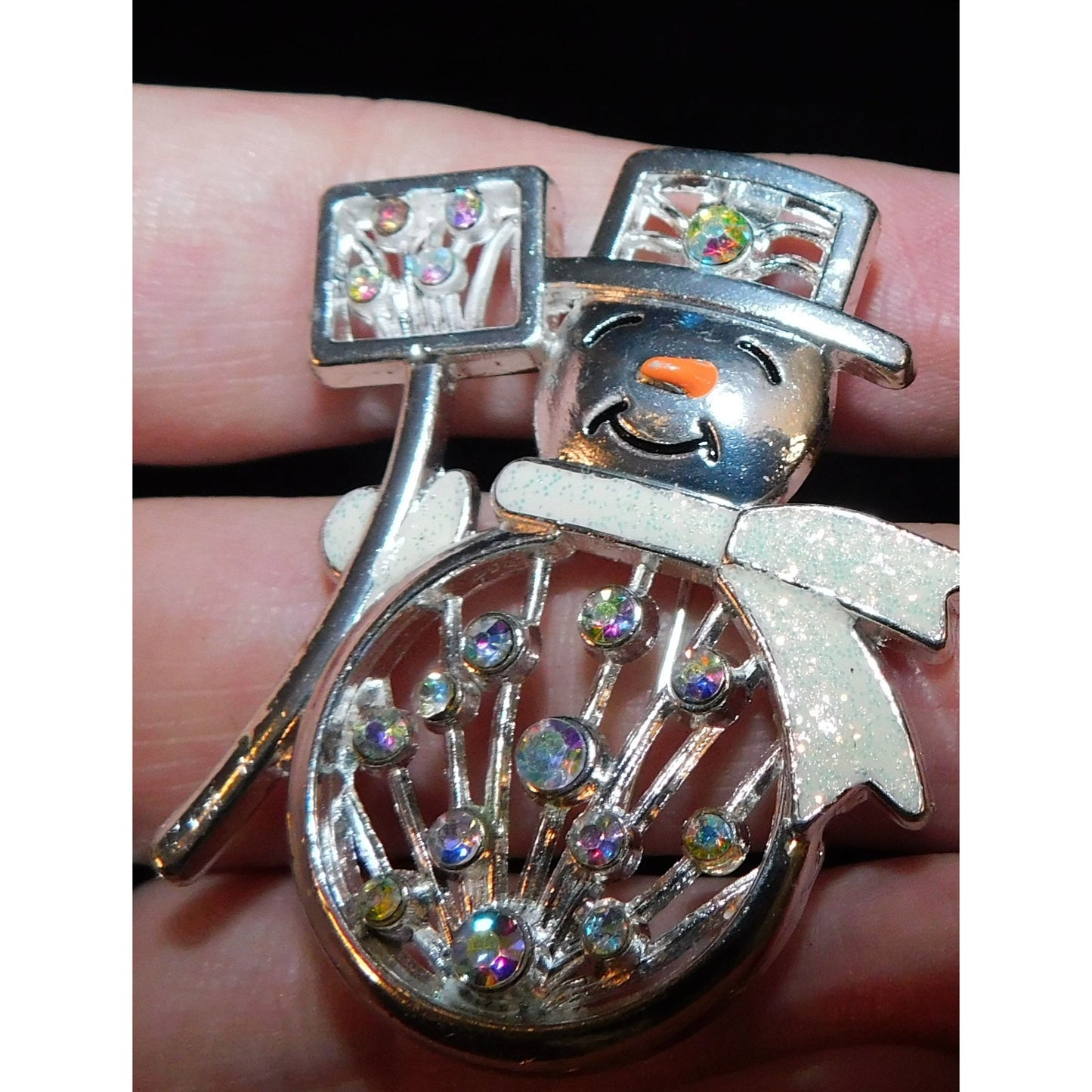 Vintage Snowman Brooch With Aurora Borealis Rhinestones