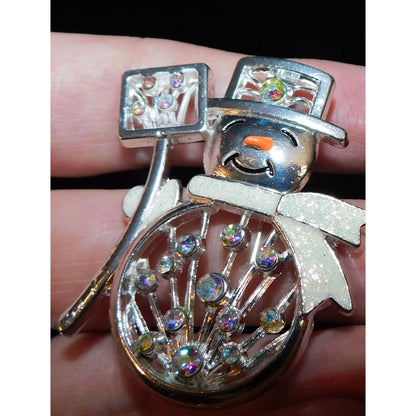 Vintage Snowman Brooch With Aurora Borealis Rhinestones