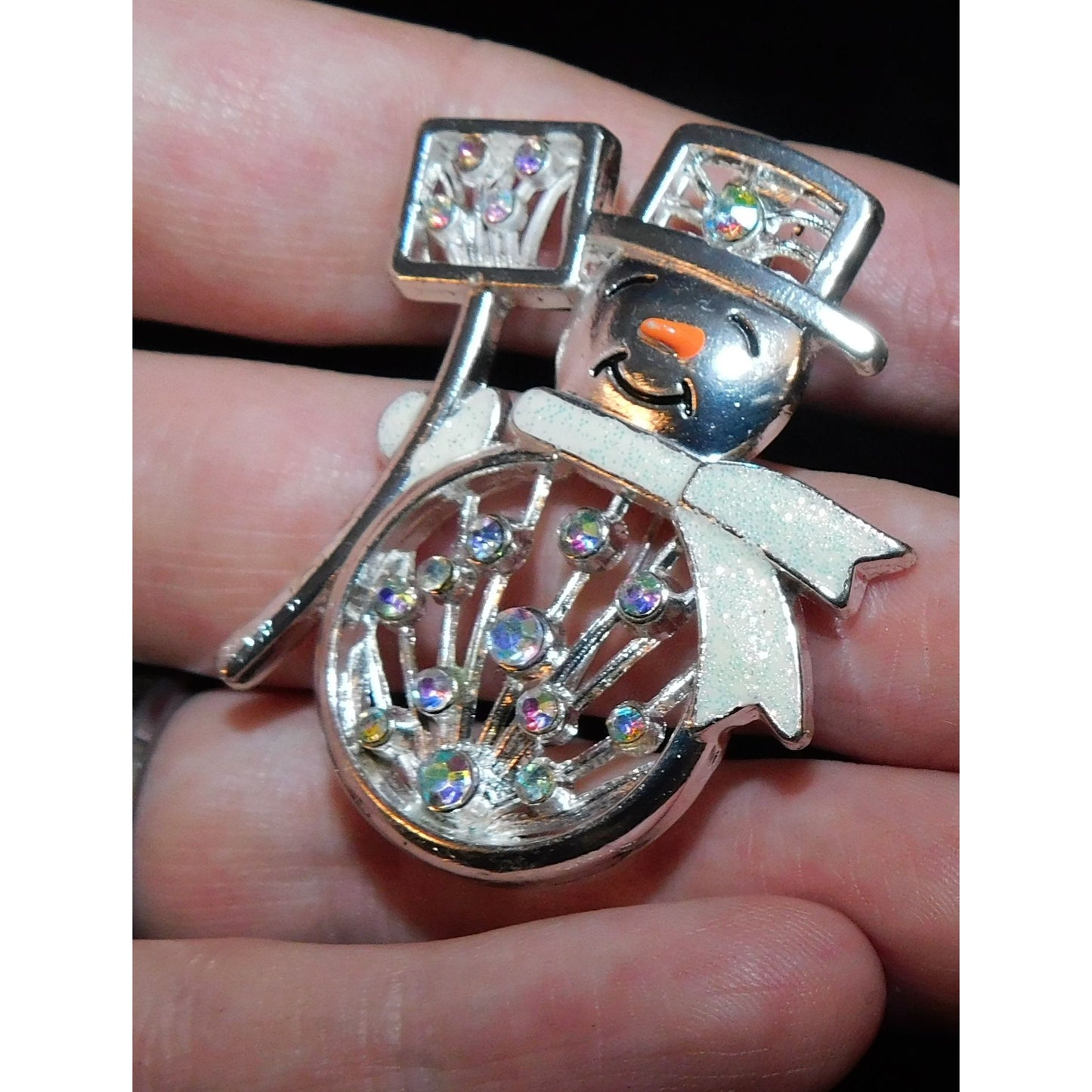 Vintage Snowman Brooch With Aurora Borealis Rhinestones